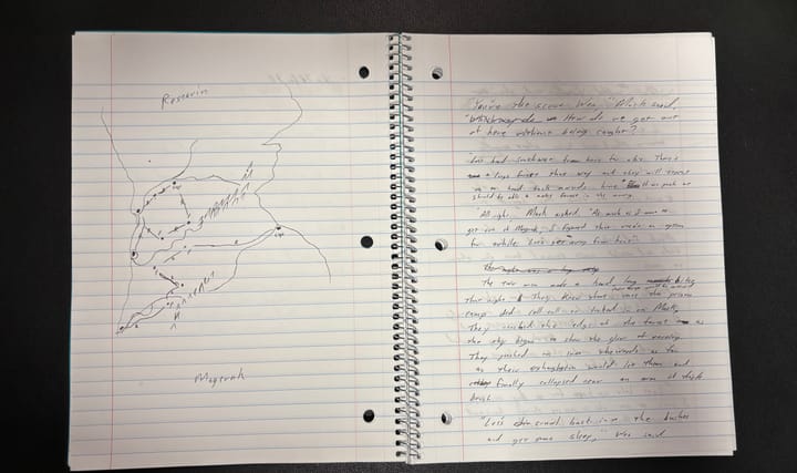 a sketchy map of Restaria and Magerak, with one day of writing on the other page