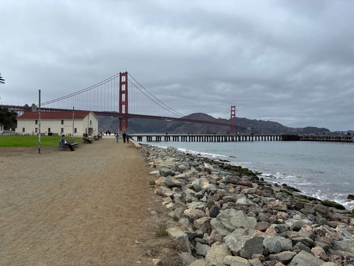 a view of the Golden Gate Bridge over the opening to San Francisco Bay